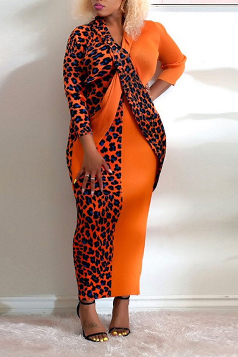Plus Size Leopard Print Bodycon V Neck Maxi Dress