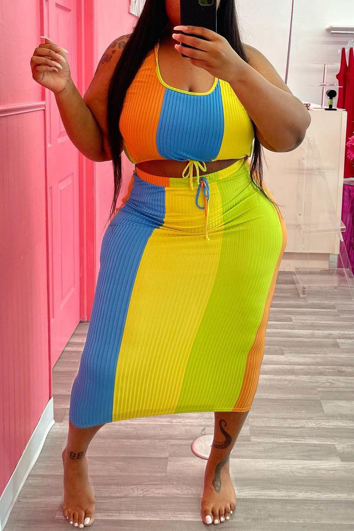 Plus Size Sleeveless Color Top and Long Skirt Set