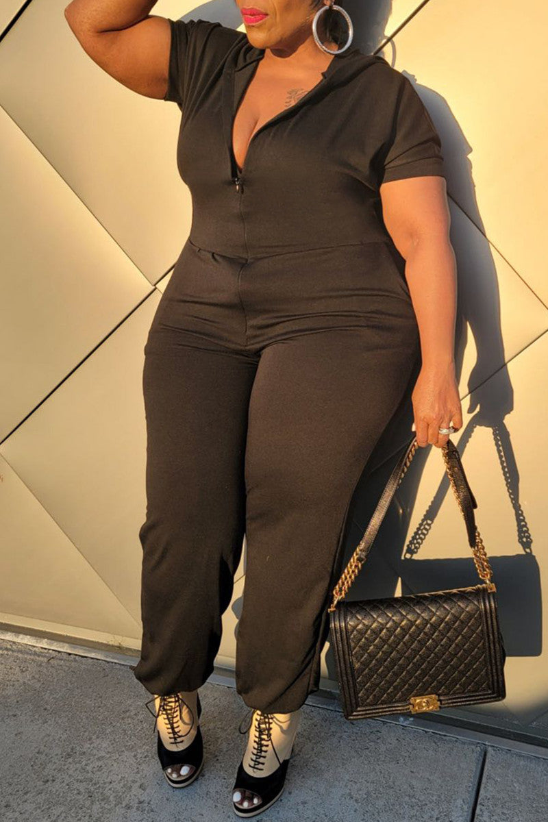 Plus Size Casual Solid Basic Zipper Collar Jumpsuits