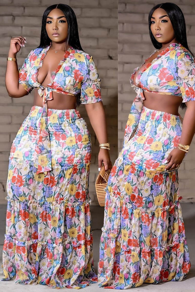 Plus Size Casual All Over Print Crop Top Ruffle Skirt Two Piece Set