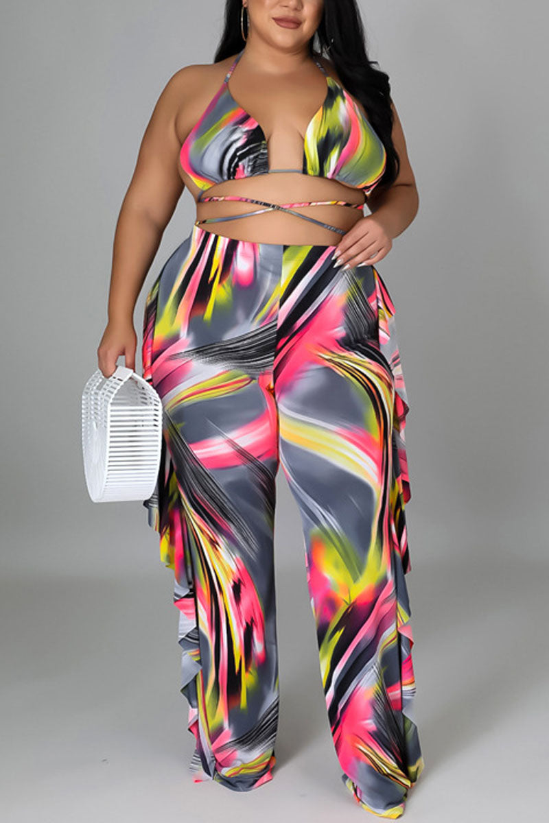 Plus Size Halter All Over Print Swimsuit Pant Three Piece Set