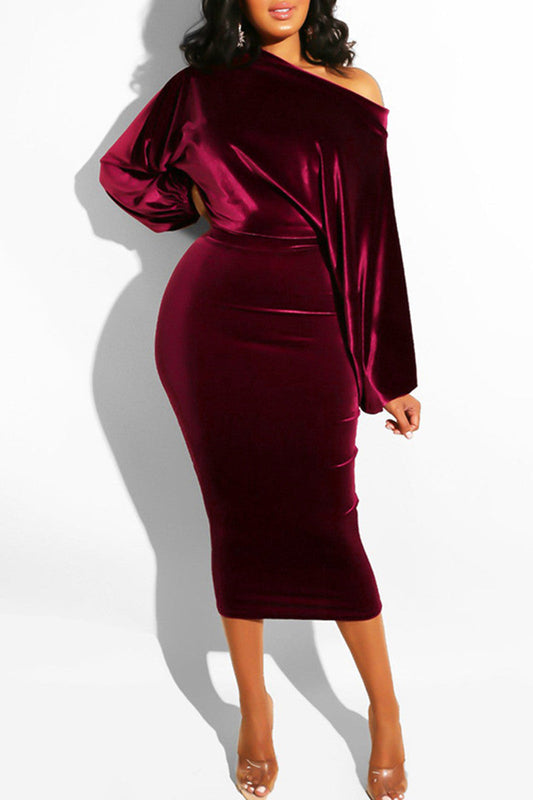 Plus Size Sexy Solid Backless One Word Collar Step Midi Dress