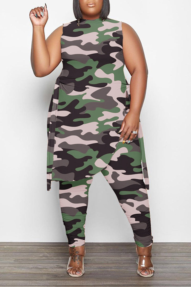 Plus Size Camouflage Print Sleeveless Skinny Pant Two Piece Set