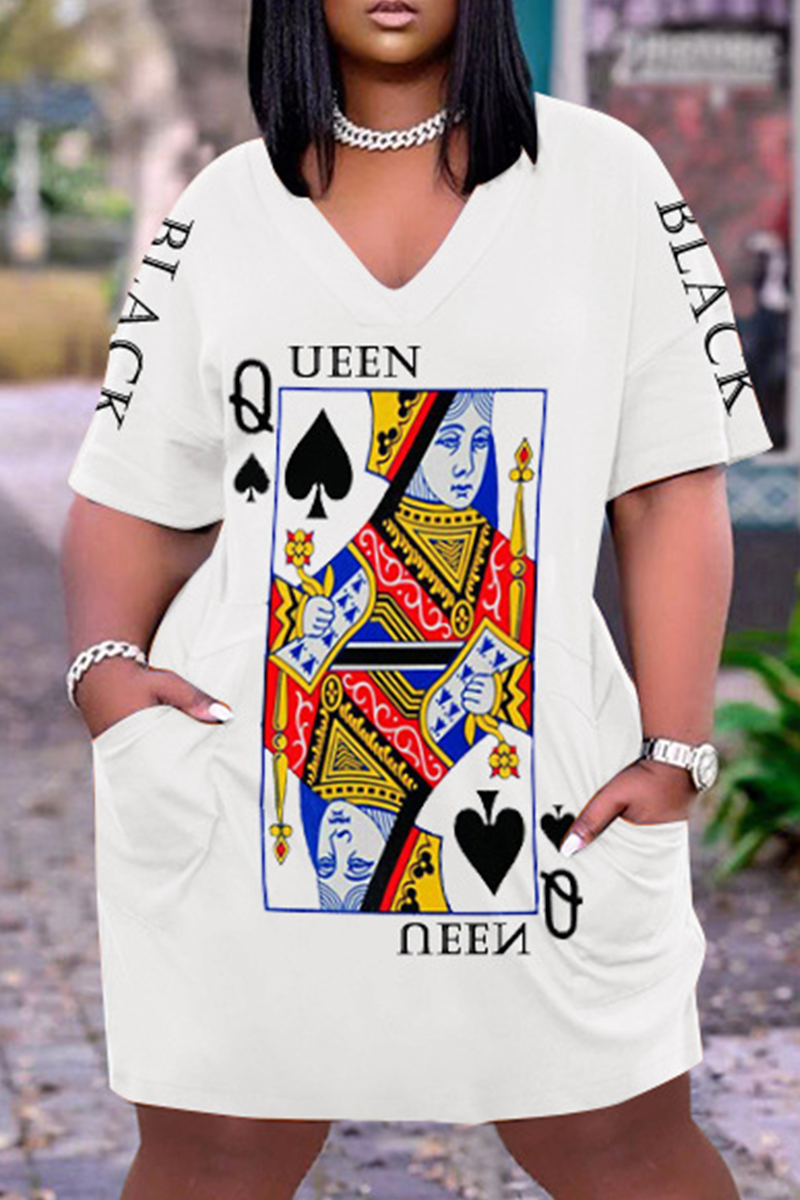 Plus Size Casual Poker Queen Print V Neck Short Sleeve Midi Dress