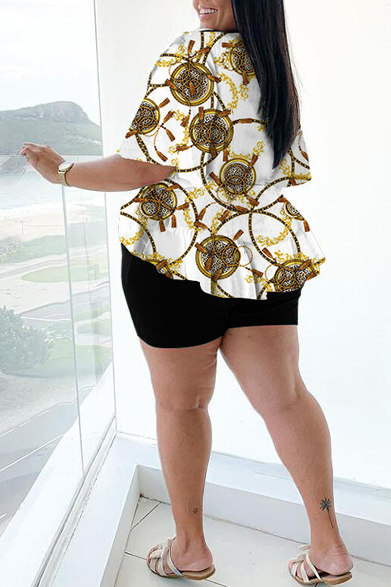 Plus Size Casual Printed Lace Up Shorts Two Piece Set
