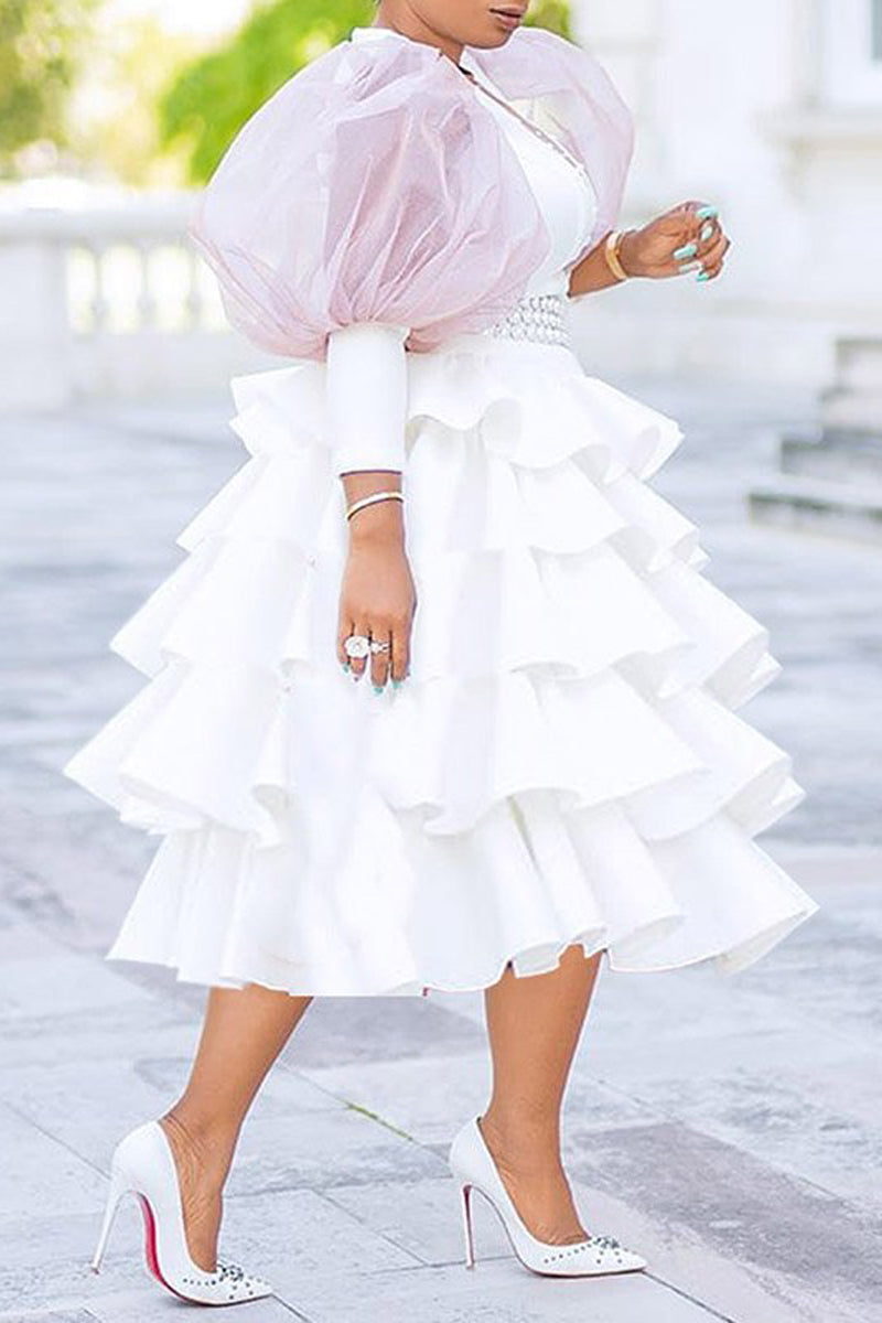 Plus Size Elegant Mesh Puff Sleeve Stitching Pearl A Line Ruffle Midi Dresses