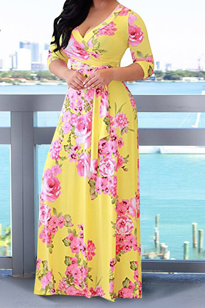 Plus Size Casual Floral Print Long Sleeve Sash Belt Maxi Dress