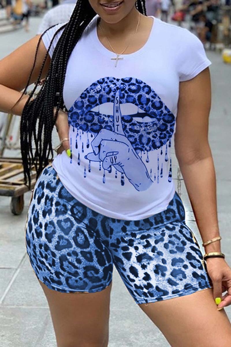 Plus Size Casual Lips Printed Two Pieces Short Set