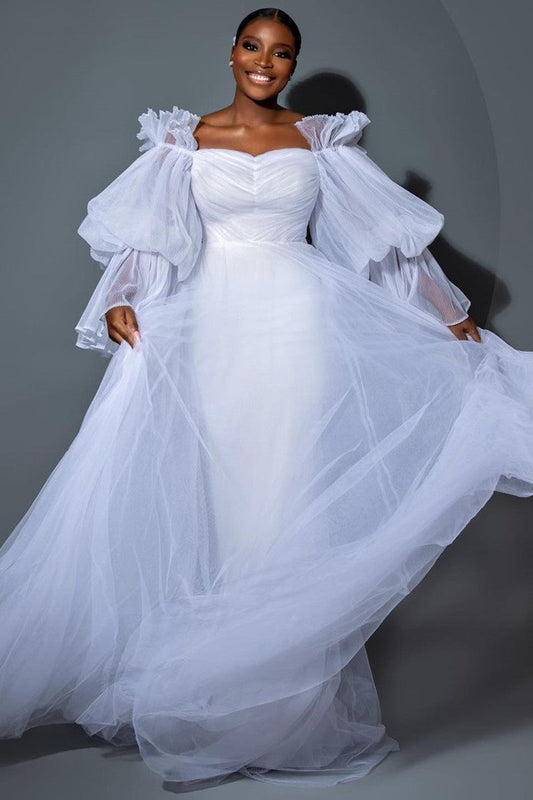 Plus Size Off The Shoulder Puff Sleeves White A-line Wedding Formal Maxi Dress