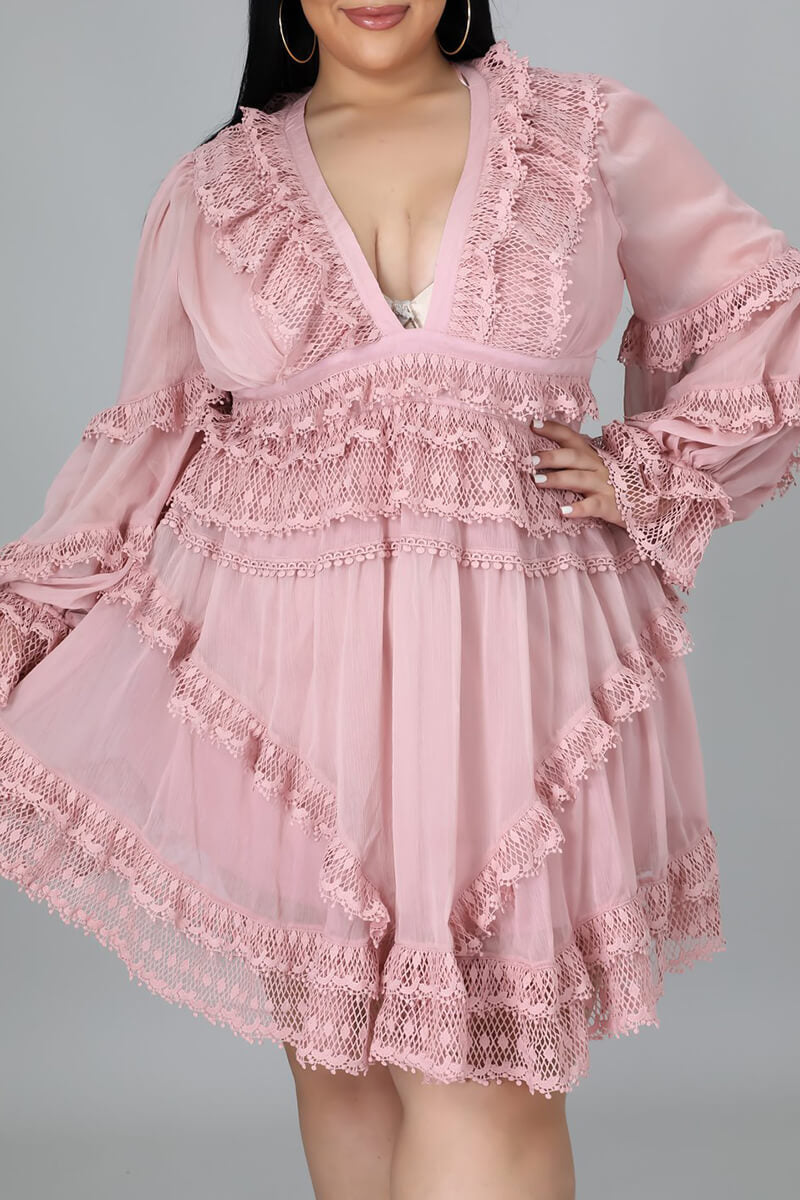 Plus Size Dress Pink Lace  Midi Dress