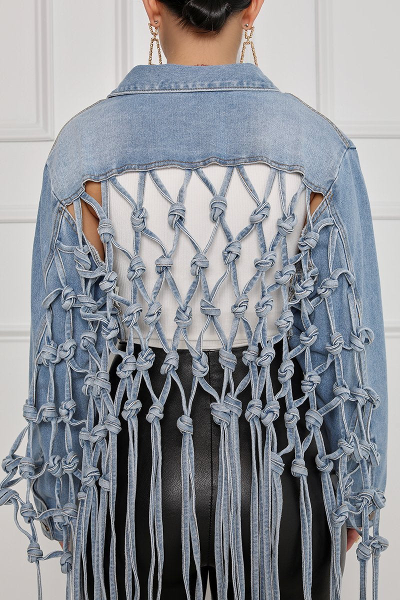 Plus Size Plain Ripped Tassels Denim Jacket