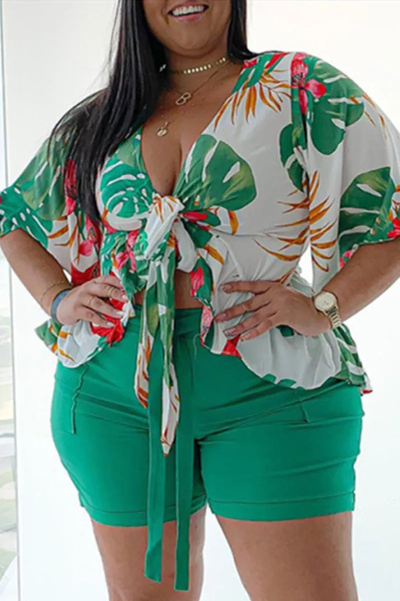 Plus Size Floral Print V Neck Two-piece Short Set