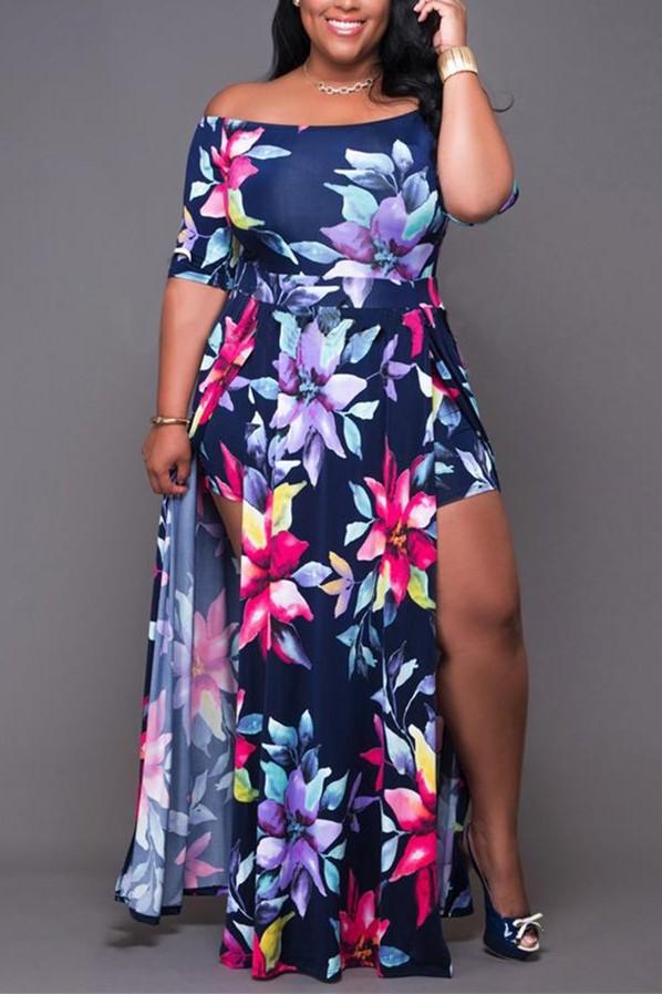 Plus Size Floral Tropical Print Maxi Dress