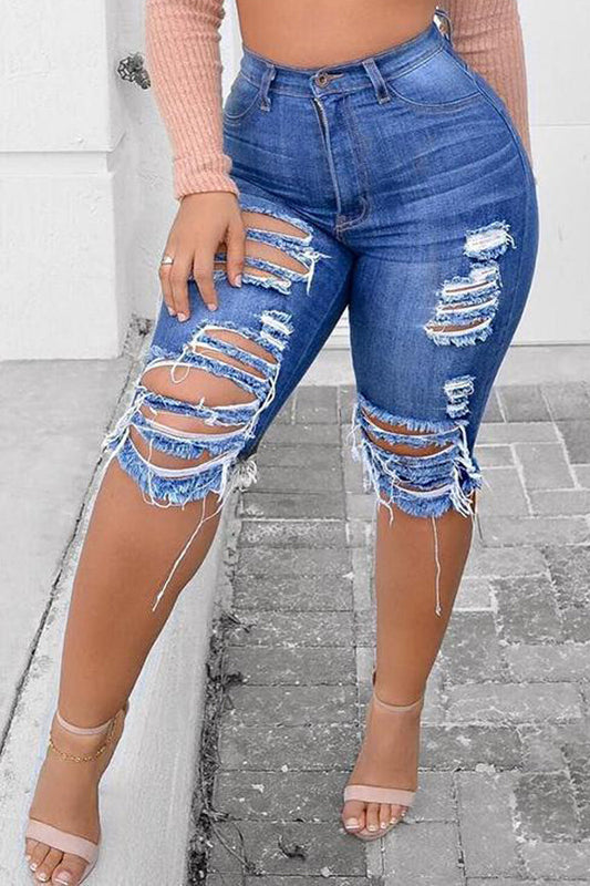 Plus Size Blue Skinny Ripped High Waist Denim Shorts