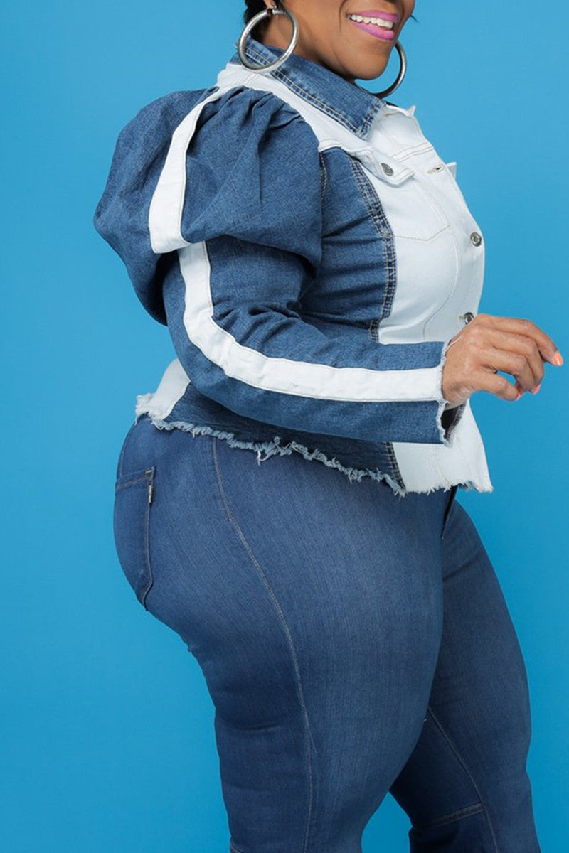 Plus Size Casual Denim Hubble-Bubble Sleeve Ruffle Long Sleeve Outwear