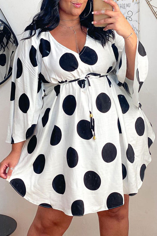 Plus Size V Neck Polka Dot Print Mini Dress
