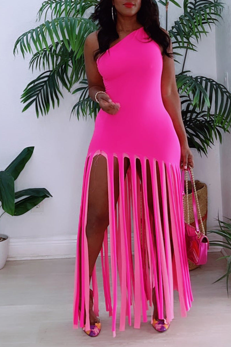 [Pre-Sale] Plus Size Casual Pink Oblique Collar Fringe Maxi Dresses