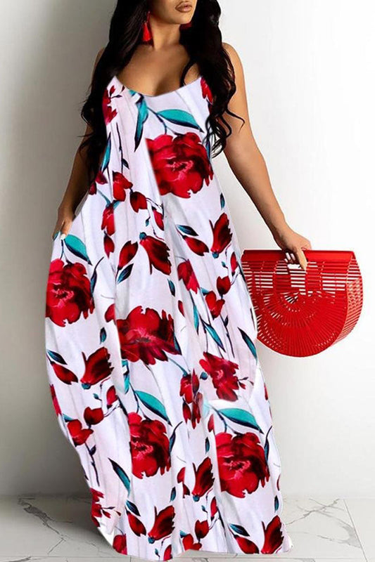 Plus Size Casual Cami Sleeveless Rose Flower Print Maxi Dress
