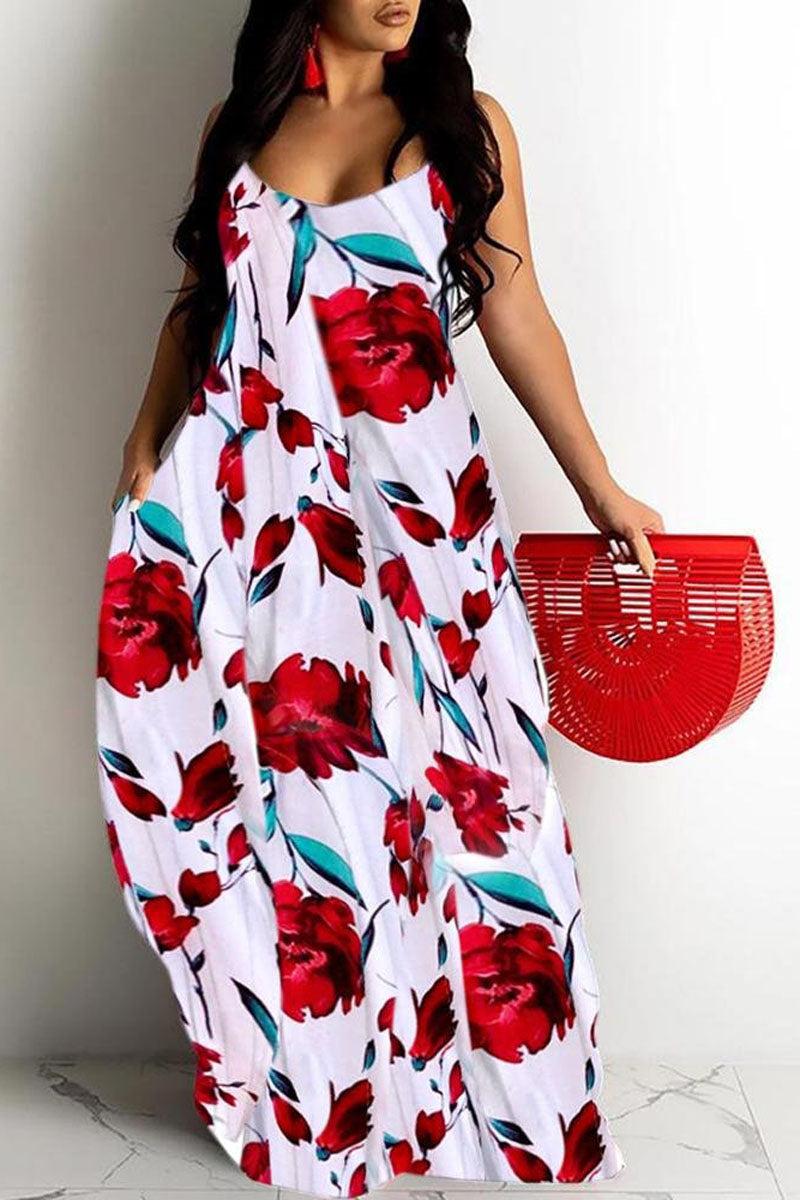 Plus Size Casual Cami Sleeveless Leopard Flower Print Maxi Dress