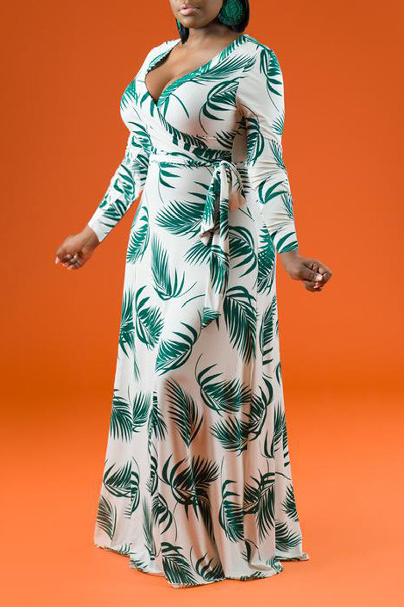 Plus Size Casual All Over Print Sash Belt Long Sleeves Maxi Dress