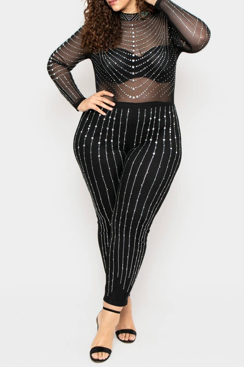 Plus Size Party See-through Tulle Rhinestone Striped Jumpsuit