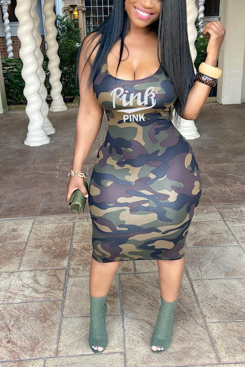 Plus Size Casual Camouflage Letter Print Cami Bodycon Midi Dresses