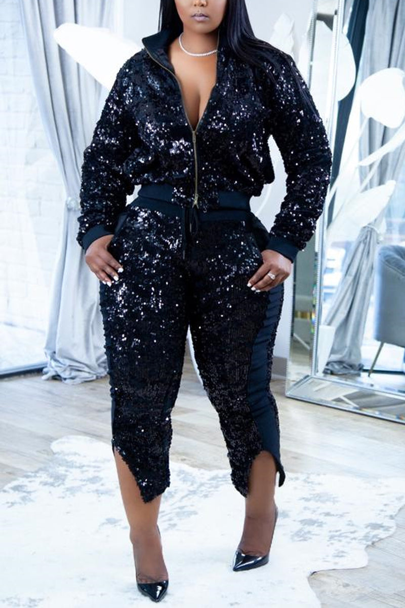 Plus Size Sequin Long Sleeve Jacket Front Slit Pants Two Pieces Set