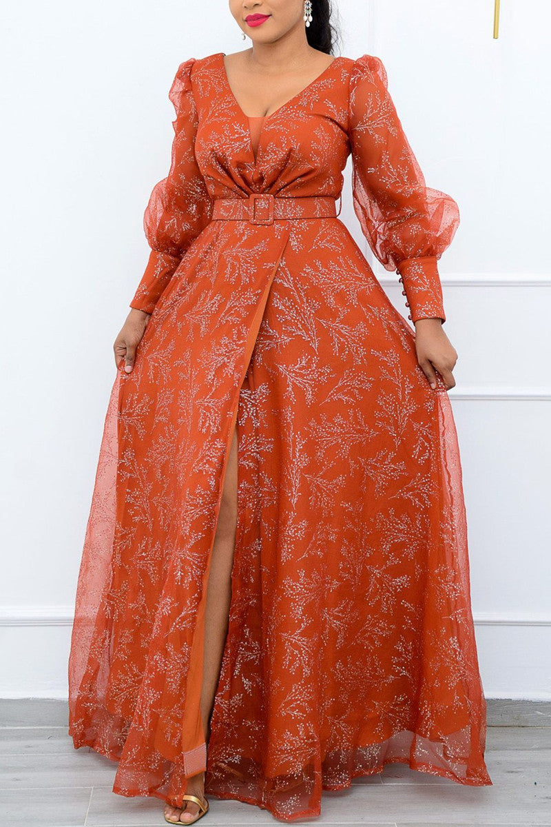 Plus Size V-neck Tulle Puff Long Sleeves Printed A-line Maxi Dress (Without Belt)