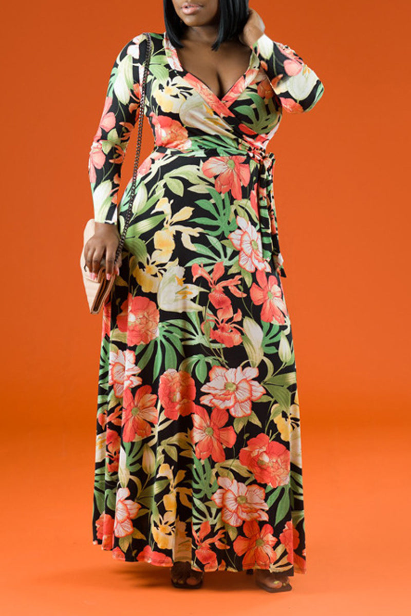 Plus Size Casual All Over Print Sash Belt Long Sleeves Maxi Dress