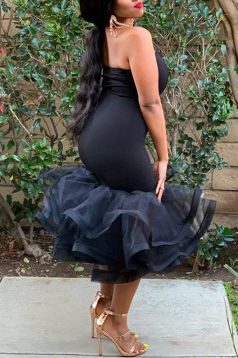 Plus Size Tulle Little Black Ruffle Sleeveless Off Shoulder Bodycon Midi Dress