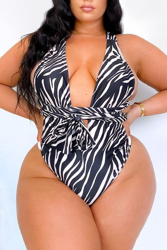 Plus Size Sexy Animal Print Bandage Halter Swimwear