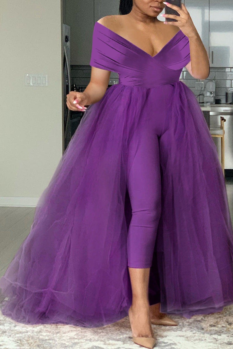 Plus Size Casual Solid Off The Shoulder V Neck Tulle Jumpsuit (With Tulle Skirt)