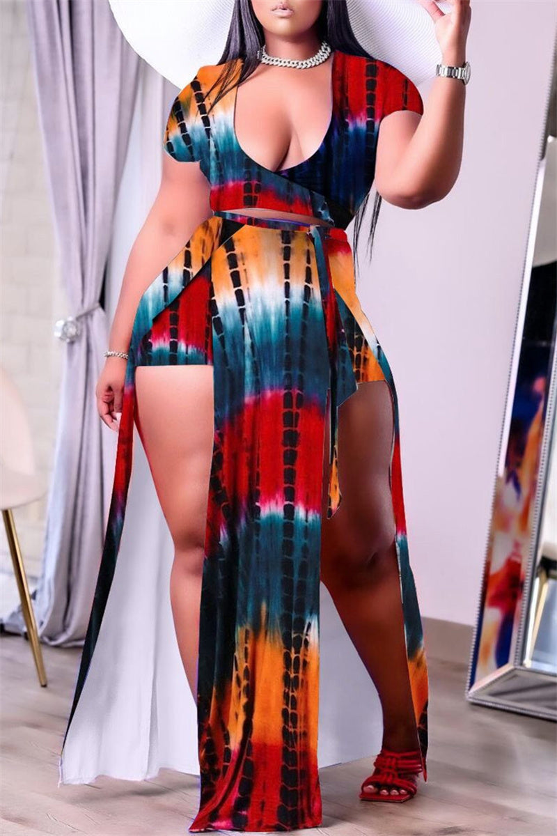 Plus Size Sexy Casual White Print Slit V Neck Two Pieces