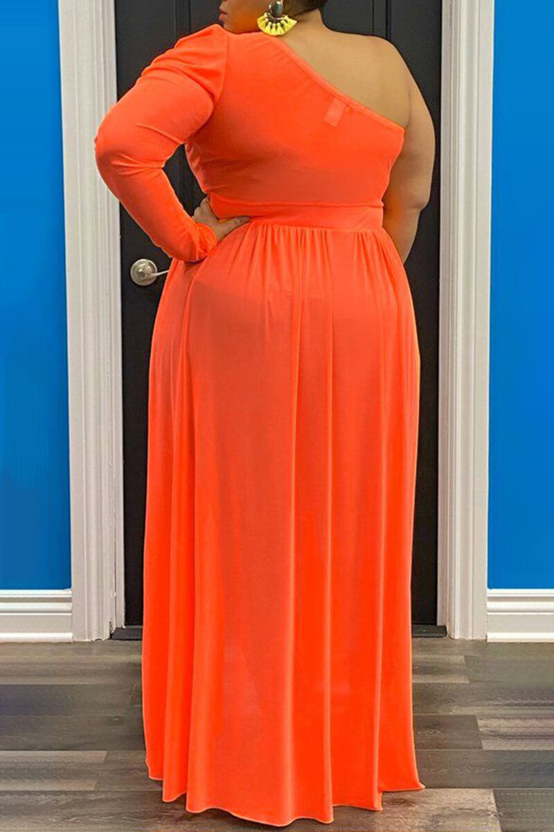 Plus Size Casual Tulle See-through One Shoulder Maxi Dresses