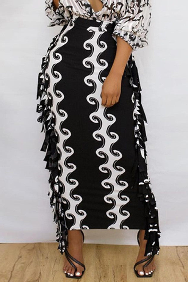 Plus Size Casual Solid Fringed Maxi Skirt