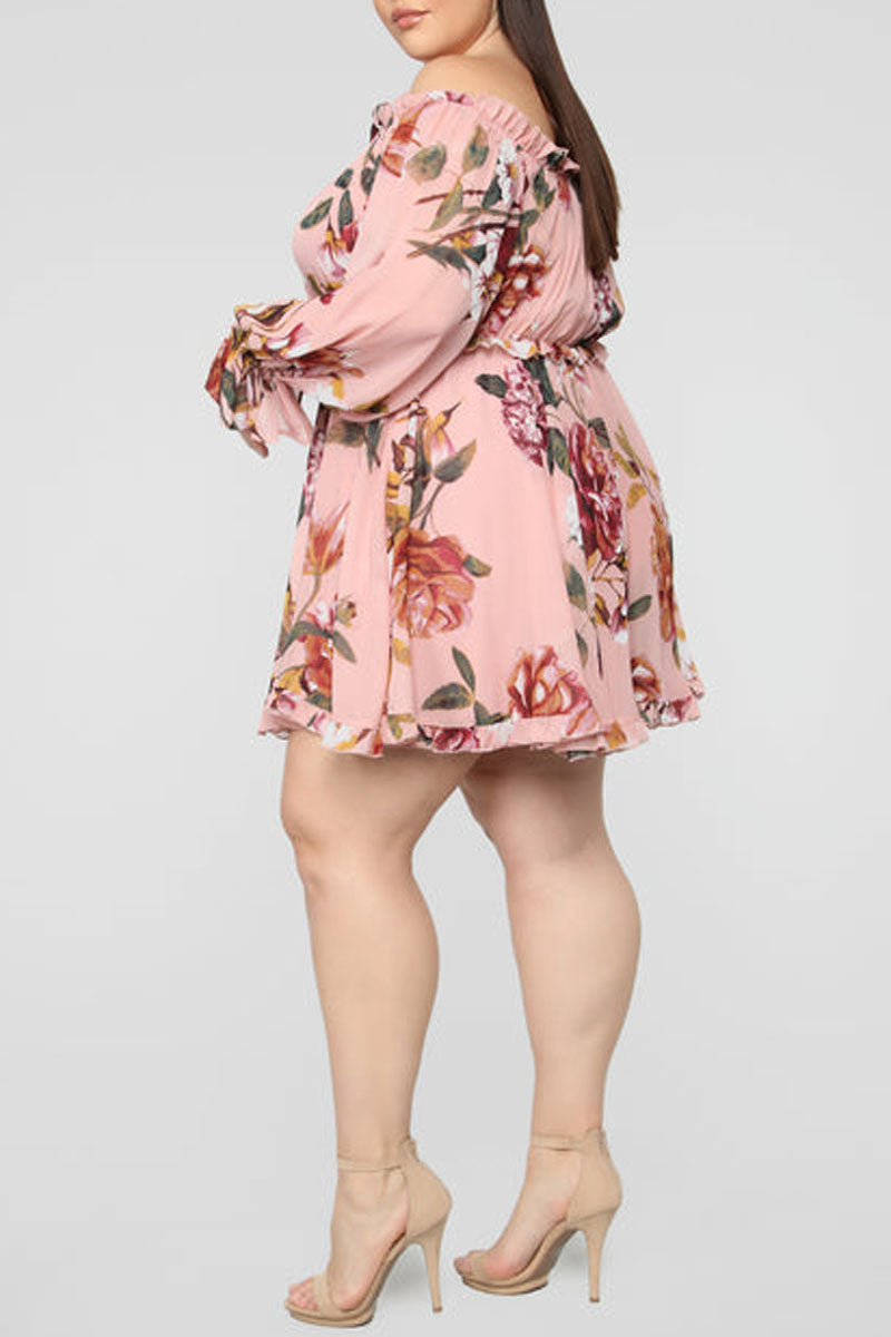 Plus Size Casual Off The Shoulder Floral Print A Line Mini Dresses