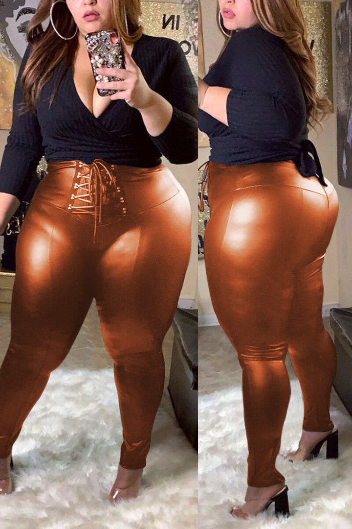 Plus Size PU Leather Bandage Skinny Pants