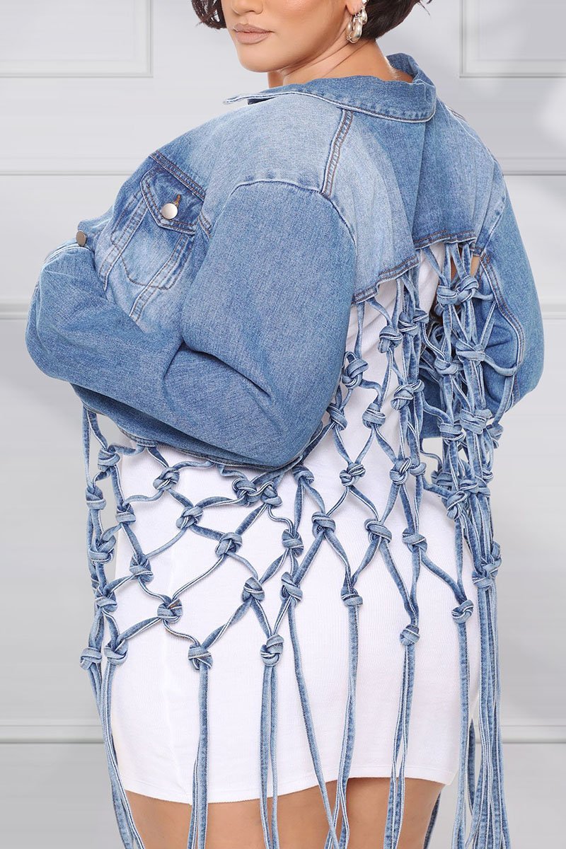 Plus Size Plain Ripped Tassels Denim Jacket