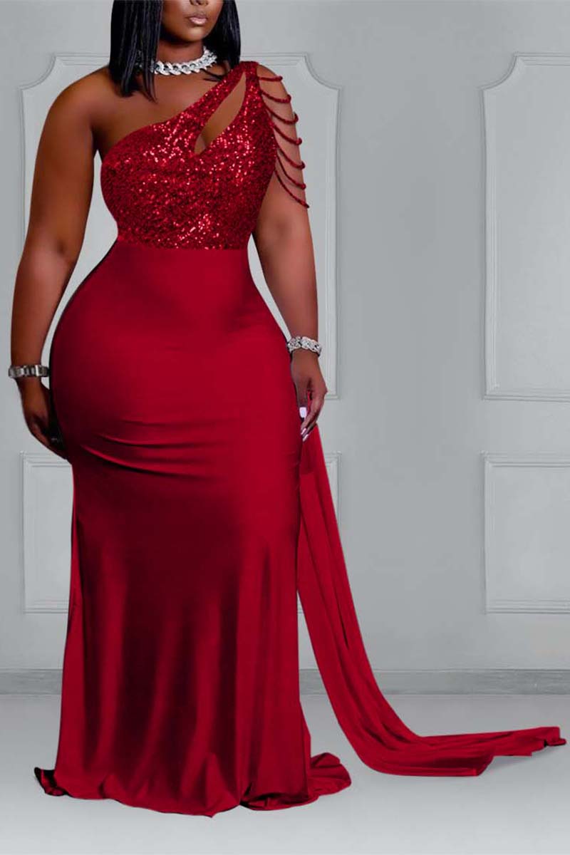 [Pre-Sale] Plus Size Elegant Solid Sequin One Shoulder Maxi Dresses