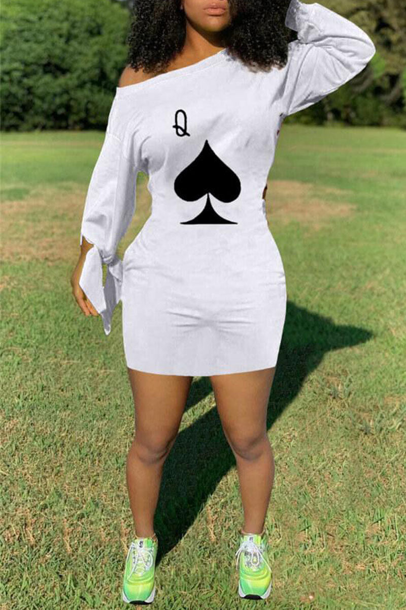 Plus Size Casual Poker Queen Print Oblique Collar Mini Dresses