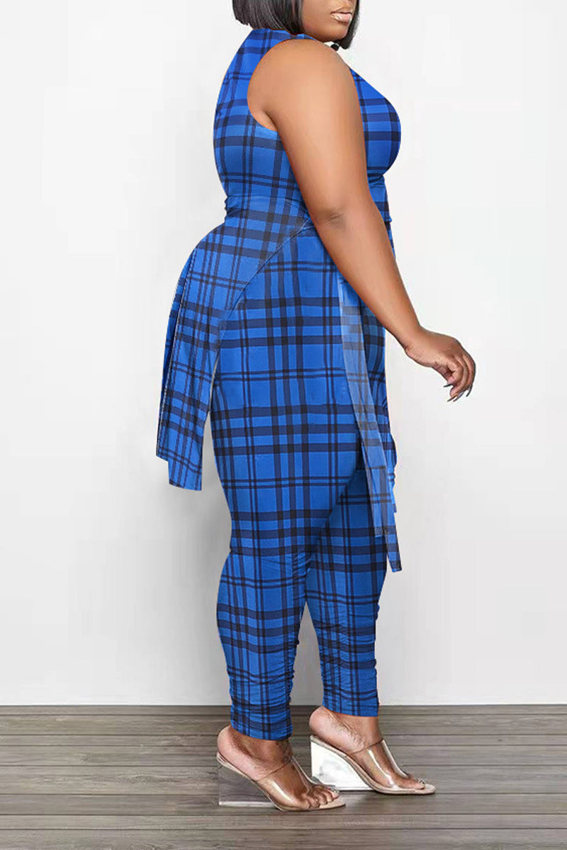 Plus Size Casual Plaid Print Sleeveless Skinny Pant Two Piece Set