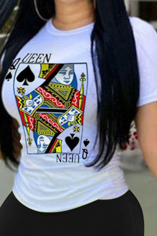 Plus Size Poker Queen Print Round Neck Short Sleeve T Shirt