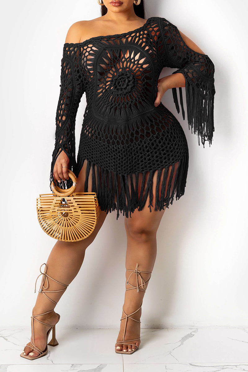 Plus Size Hand Made Little Black Long Sleeve Sexy Crochet Tassel Cover Up Dress