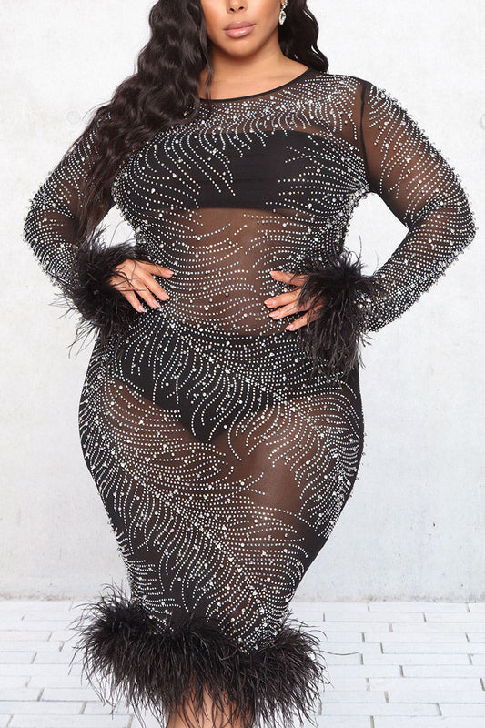 Plus Size Feather Sexy See Through Sequin Long Sleeve Bodycon Midi Dress