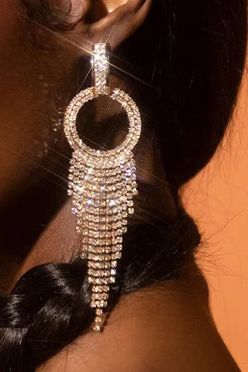 Round Long Fringe Rhinestone Earring (One Piece)