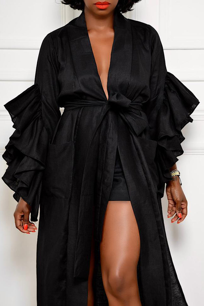 Plus Size Plain Maxi Dresses Ruffled Long Sleeves