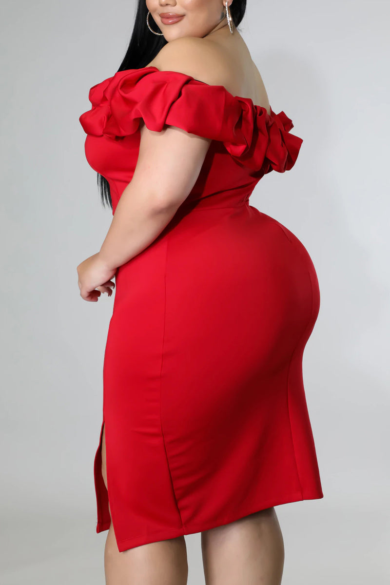 Plus Size Off The Shoulder Solid Split Bodycon Semi Formal Midi Dresses