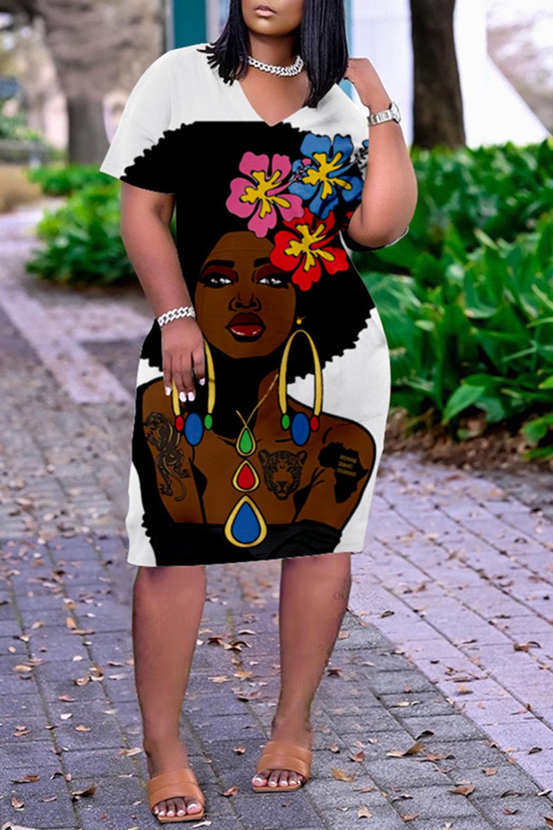 Plus Size V Neck Short Sleeve Cute Black Girl Print Midi Dress-Red - Xpluswear