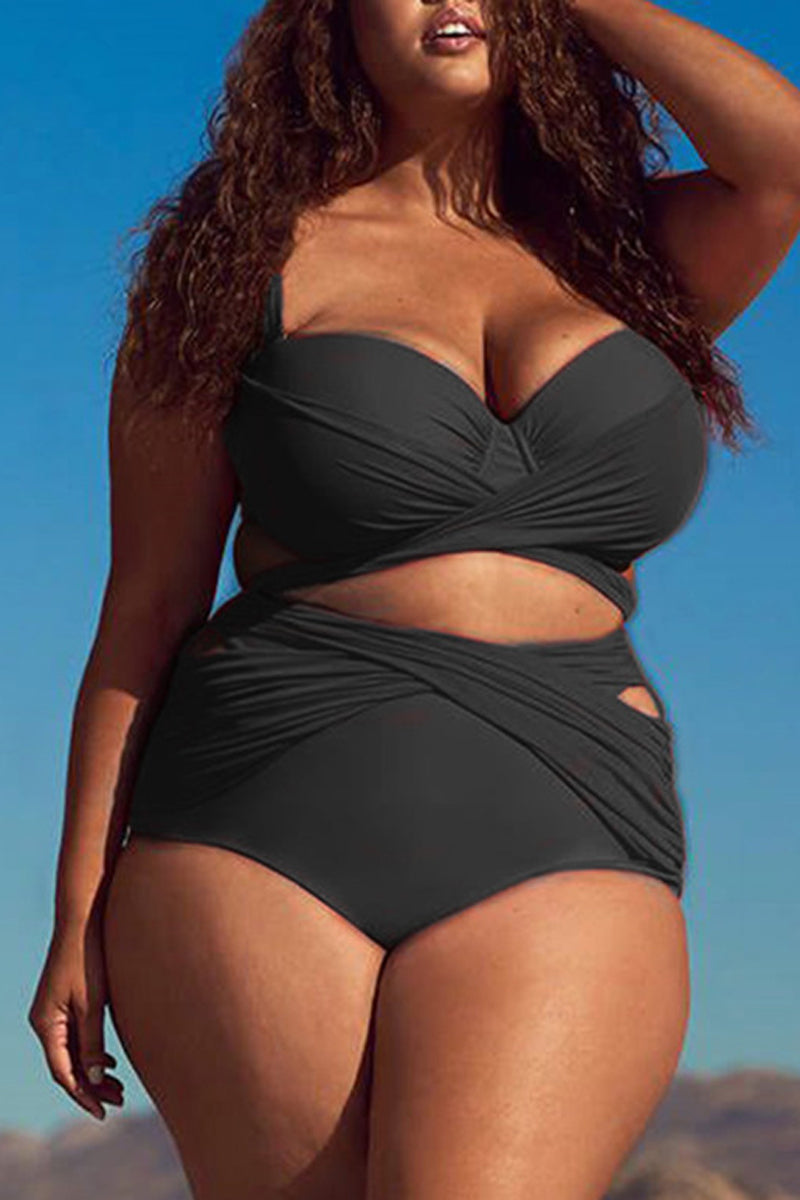 Plus Size Solid High Waist Wrap Pleated Two Pieces Bikini Swimsuit Set