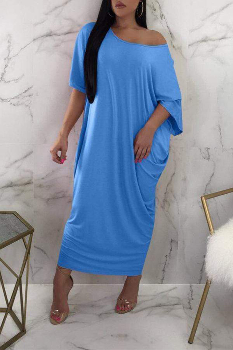 [Pre-Sale] Plus Size Casual Oblique Collar Half Sleeve Solid Maxi Dress